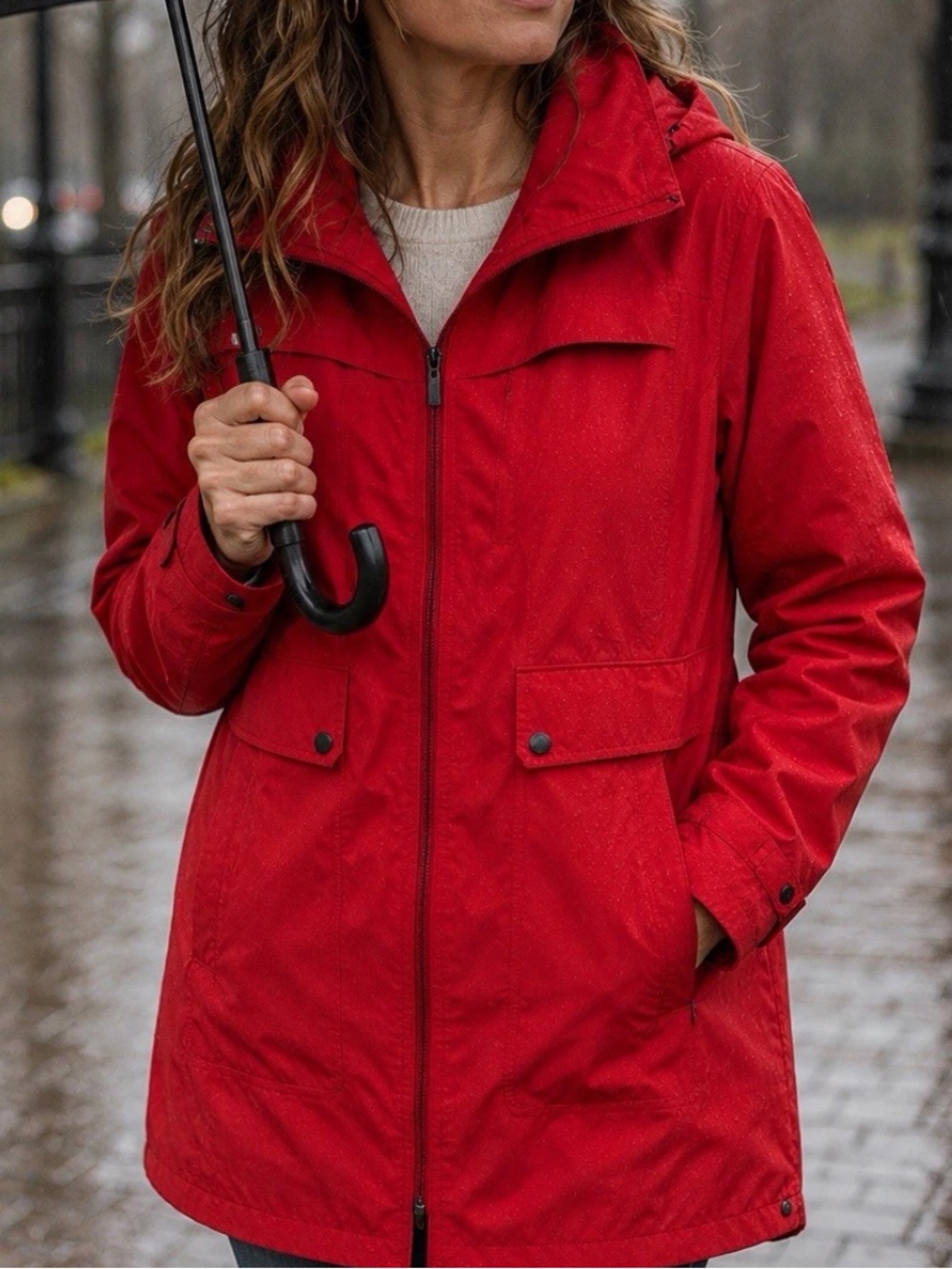 Cole Haan Women's Raincoat Jacket Large Red Travel Packable Hooded Lightweight